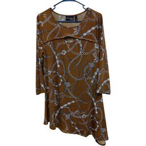 Attitudes by Renee Tunic Top Womens Medium Mustard Chain Print Side Tail Artsy